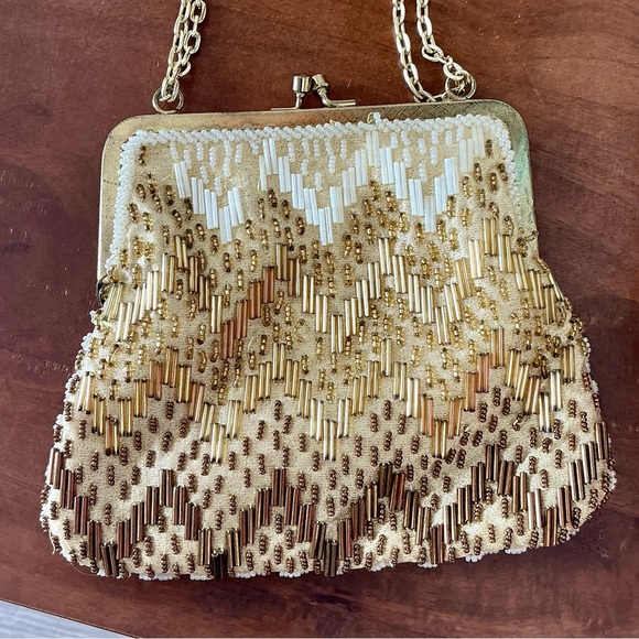 Vintage 60s 70s Fine Art Ornately Hand Beaded Gold Ombré Chain Strap Formal Bag - Picture 6 of 14